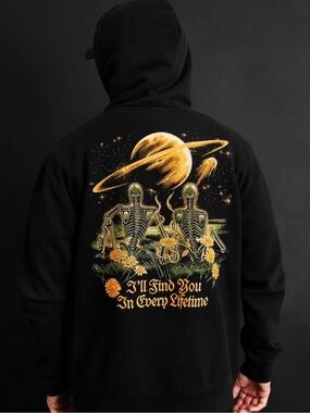 Cove surf co. Black Hoodie with Yellow Planet & Skeleton Back Graphic Lifetime